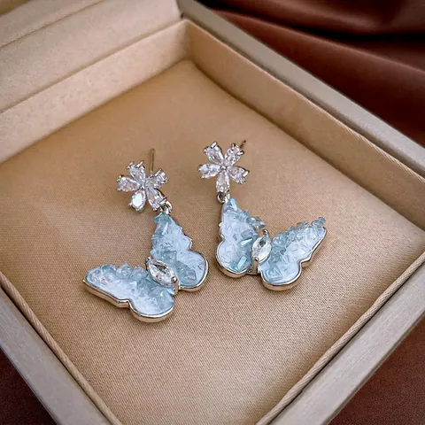 Butterfly Flower Dangle Earrings With Zircon Crystal Copper And Silver Earring Post For Women Korean Chic Fashion