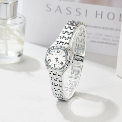 Orologio Al Quarzo Da Donna Quadrato Cushion Lunetta In Strass Numeri Romani Cinturino In Lega Moda Elegante
