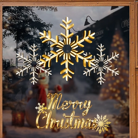 Christmas Window Stickers Golden Silver Snowflakes Merry Christmas Static Cling Glass Decals Holiday Home Decor