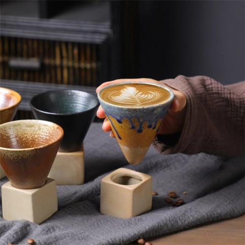 Ceramic Coffee Cup With Base Conical Funnel Shape Coarse Pottery Japanese Retro Reactive Glaze Handmade Espresso Tea Mug