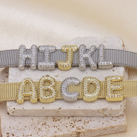 Gold Silver Plated Copper Zircon Alphabet Name Mesh Bracelet Stylish Initial Heart Charm Watch Band Bracelet For Women Jewelry