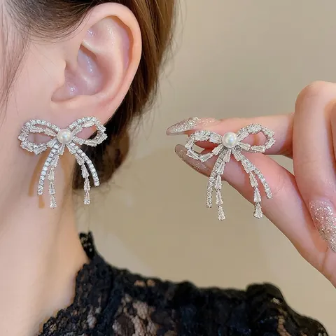 Orecchini Pendenti A Fiocco Con Perla Artificial Sintetica E Zircone Perno In Argento Sterling 925 Gioielli Eleganti Da Donna