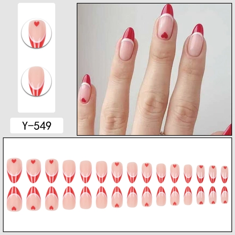 Faux Ongles À Presser Forme Amande French Tip Design Cœur Rouge Blanc Ongles Artificiels Pour Manucure De La Saint Valentin