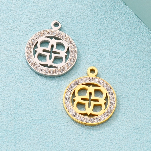 Colgantes Redondos De Acero Inoxidable Diseño Trébol Calado Borde De Diamantes De Imitación Para Joyería DIY