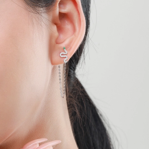 925 Sterling Silver Snake Stud Earrings With Dangle Chain Tassel Green Eyes Cubic Zirconia Animal Jewelry Gift For Women