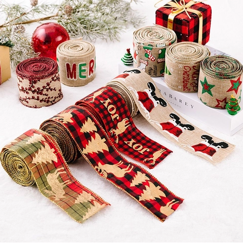 Nastro Natalizio In Juta Con Bordi Metallici Tessuto In Lino Stampato Per Confezioni Regalo E Decorazioni Per Alberi