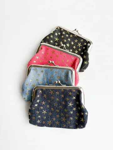Porte-monnaie Rétro En Tissu Denim Imprimé Étoiles Dorées Fermoir Métallique Mini Pochette Pour Femmes