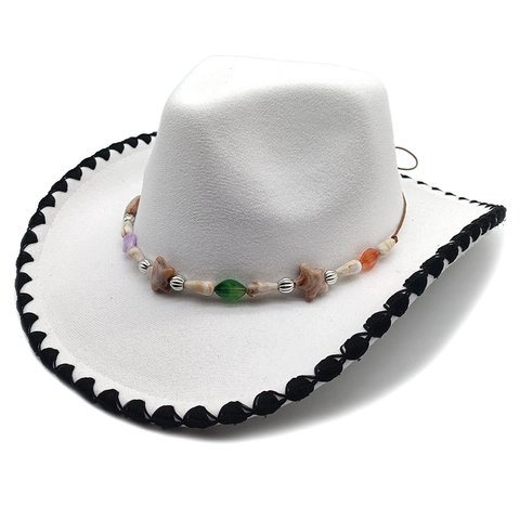 Western Cowboy Hat Cotton Polyester Wide Brim With Bohemian Beaded Band And Braided Edge For Men Women Retro Style