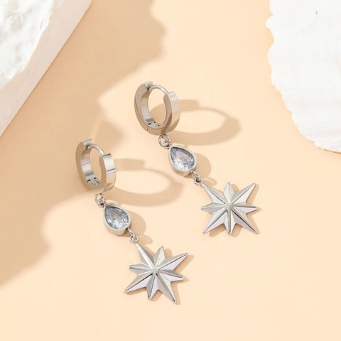 Stainless Steel Star Drop Earrings With Teardrop Rhinestone Gold Silver Plated Personalized Octagonal Earrings For Women