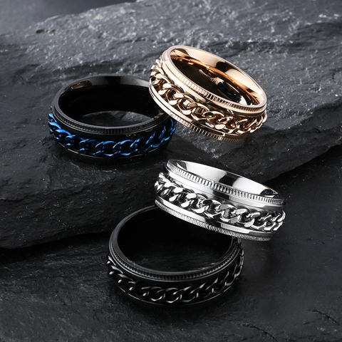 Anillo Giratorio Para Hombre De Acero Inoxidable Cadena Cubana Rotativa Borde De Engranaje Joyería Hip Hop