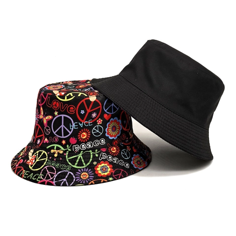 Wende Anglerhut Polyester Friedenssymbol Blumenmuster Sonnenschutz Hippie Stil Outdoor Accessoire Unisex