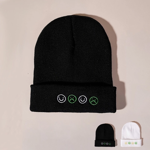 Knitted Beanie Hat Acrylic Winter Warm Cap With Face Emoji Embroidery Streetwear Casual Accessory For Men Women