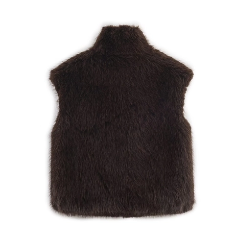 Women Faux Fur Vest Stand Collar Zipper Sleeveless Waistcoat Solid Coffee Polyester Warm Autumn Winter Casual Outerwear