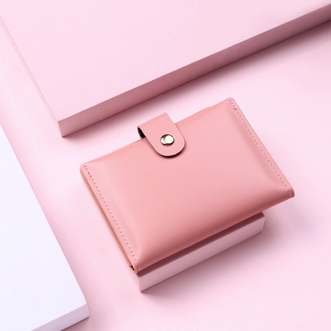 Women Short Wallet PU Leather Small Multi Card Slots Purse With ID Window Zipper Pocket Snap Button Solid Color Simple