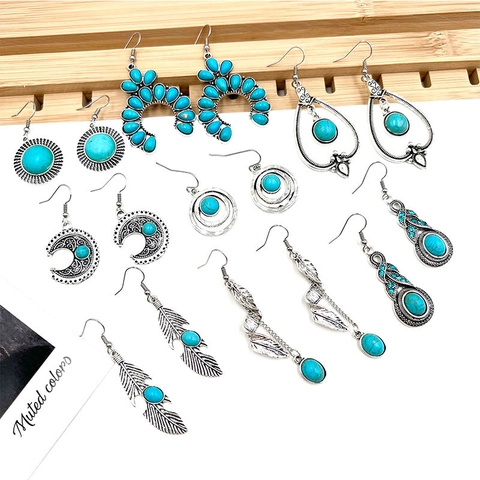 Orecchini Turchesi Bohemian Retro per Donna Etnico Vintage Lega Piuma Luna Goccia d'Acqua Orecchini Gioielli Regalo
