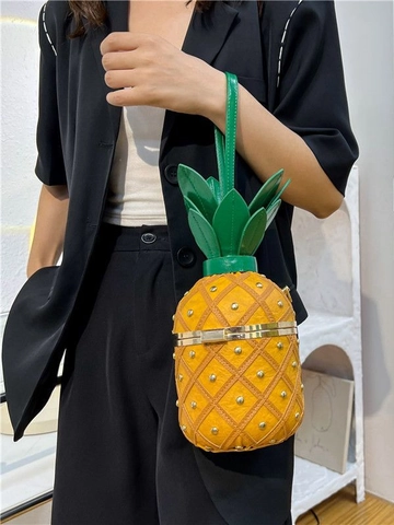 Pineapple Shaped Shoulder Bag Women Studded PU Leather Novelty Crossbody Purse With Metal Chain Strap Fashion Party