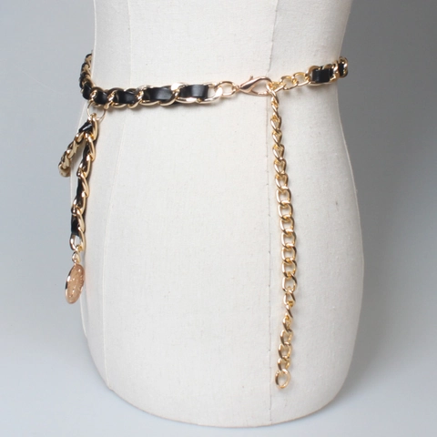 Women Braided Waist Chain Belt Alloy Metal PU Leather Coin Pendant Retro Adjustable Fashion Accessory For Dresses