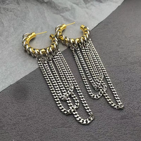 Industrial Punk Stil Metall C-Förmige Creolen Für Damen Lange Ketten Quasten Ohrhänger Galvanisierte Mode Schmuck