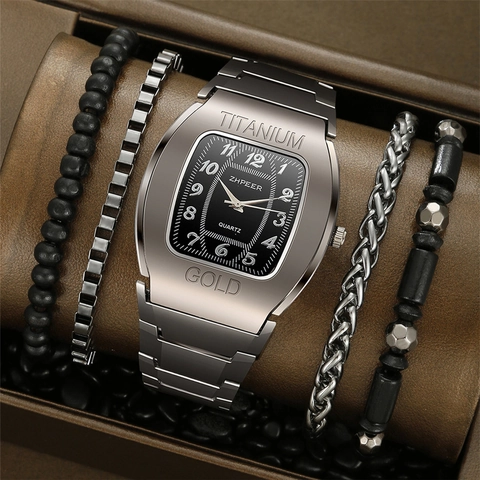 Men Quartz Watch And Bracelets Tonneau Case Alloy Strap Stainless Steel Buckle Business Casual Wristwatch