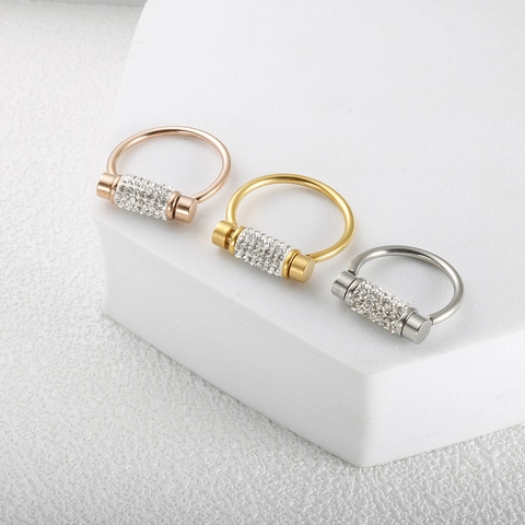 Stainless Steel Rotating Bar Ring For Women Pave Rhinestone Geometric Spinning Finger Ring Fashion Jewelry Western Gift