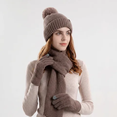 Winter Knitted Beanie Hat Scarf And Touchscreen Gloves Set Warm Fleece Lined With Fur Pom Pom For Women Outdoor