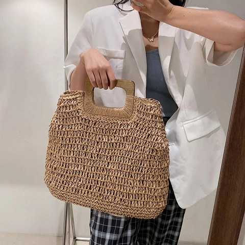 Grand Sac À Main En Paille Tissée Avec Poignées En Bois Sac De Plage Été Vacances Tissage Creux Pour Femmes