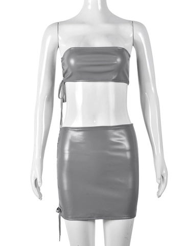 Women PU Leather Two Piece Outfit Bandeau Crop Top And Lace Up Mini Skirt Sexy Hollow Out Clubwear Grey