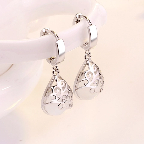 Vintage Water Drop Hollow Filigree Huggie Hoop Earrings Copper Base Silver Plated Synthetic Moonstone Cat Eye Jewelry