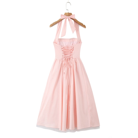 Damen Halter Midi Kleid Polyester Baumwollmischung Schnürung Rückenloses Tüllsaum Retro Süßes Party Bankett