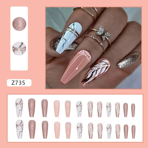 Ongles À Presser Forme Cercueil Longue Motif Marbre Craquelé Strass Paillettes Or Rose Faux Ongles Pour Femmes