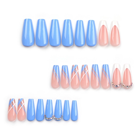 Lange Coffin Press On Nails Hemelsblauw Geometrische Strass Glanzende Kunstnagels Met Lijm Voor Vrouwen