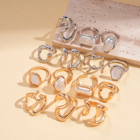 Irregular Geometric Rings Alloy Faux Artificial Pearl Enamel Adjustable Open Stackable Modern Minimalist Ins Style Jewelry For Women