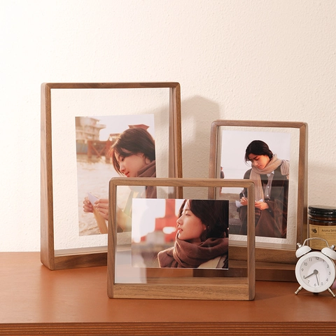 Solid Wood Photo Frame Beech Walnut Desktop Picture Display Acrylic Glass Trapezoid Base Home Decor