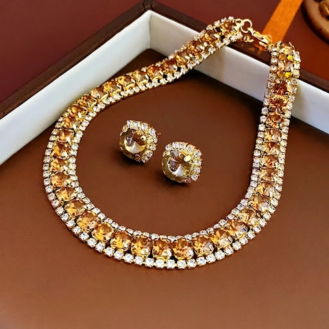 Parure Bijoux Style Français Zircon Carré Champagne Collier Cuivre Plaqué Or Et Boucles Oreilles Argent 925
