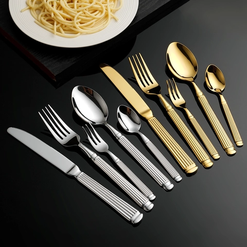 Stainless Steel Flatware Roman Column Texture Handle Mirror Polished Luxury Cutlery Knife Fork Spoon For Home Dining