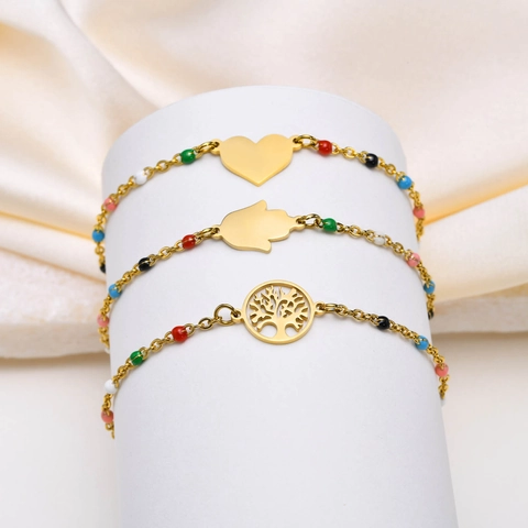 Edelstahl Gold Armband Für Damen Mit Hand Der Fatima Lebensbaum Herz Anhänger Bunte Perlen Bohemian Mode Schmuck