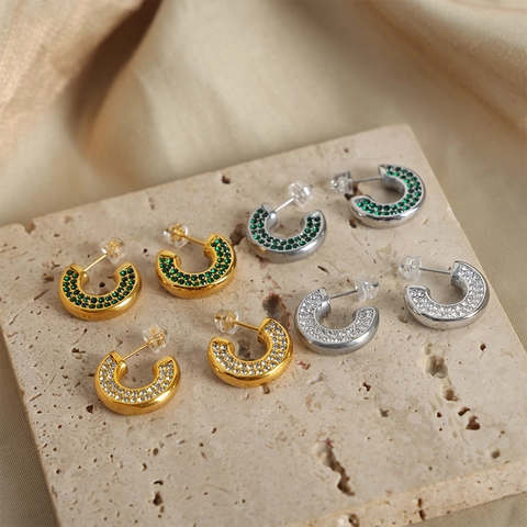 Vintage U-Shaped Titanium Steel Earrings Pave Green White Rhinestone Gold Silver Geometric Hoop Earrings For Women Luxury Jewelry