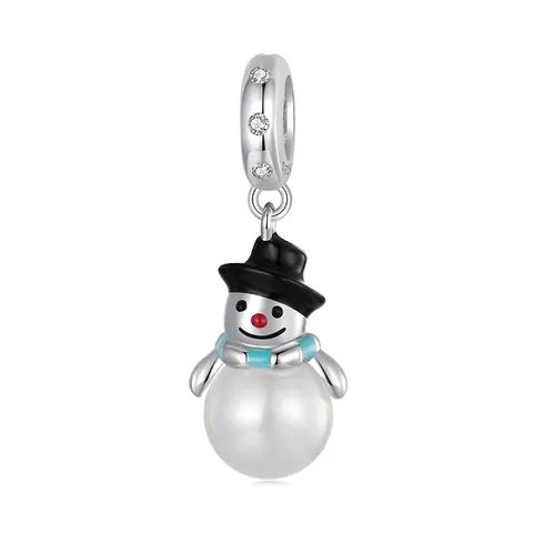 Schneemann Charm Künstliche Perle 925 Sterling Silber Muschelperle Zirkon Weihnachten DIY Schmuck Armband Anhänger Damen