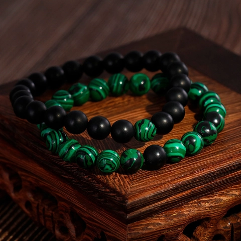 Matte Black Agate Malachite Beaded Bracelet Elastic Natural Stone Jewelry Unisex