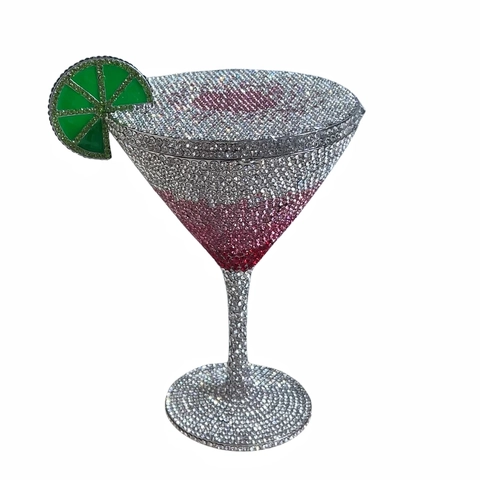 Martini Cocktail Glass Evening Bag Rhinestone Crystal Clutch Women Party Wedding Metal Novelty Handbag Internal Mirror