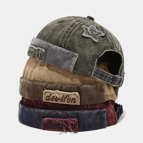 Retro Washed Cotton Docker Hat Brimless Beanie Hip Hop Star Patch Adjustable Streetwear Cap For Men Women