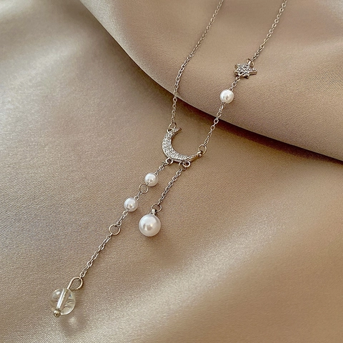 Collar de Colgante de Luna y Estrella de Acero de Titanio Minimalista para Mujer Gargantilla de Borla de Perla Artificial Plata