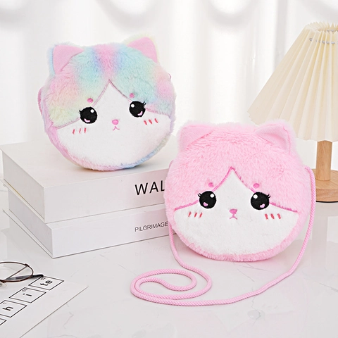 Kids Plush Cat Shoulder Bag Cute Cartoon Crossbody Purse Soft Animal Face Handbag For Toddler Girls Daily Use