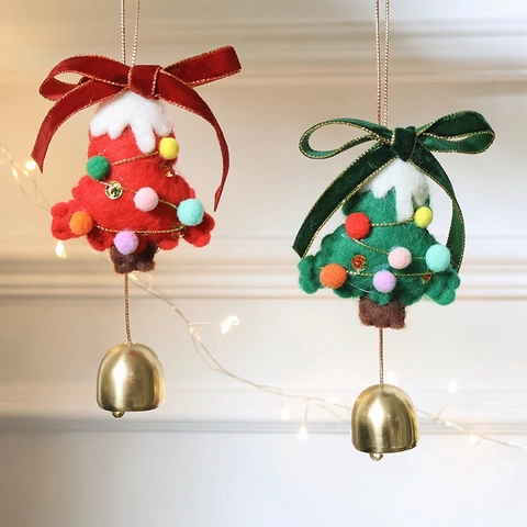 Decorazione Appesa Albero Di Natale Feltro Lana Con Fiocco In Velluto E Campanellino Dorato