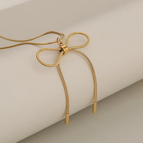 Collana Con Pendente a Fiocco in Acciaio Inossidabile di Moda per Donna Elegante Catena a Osso di Serpente Gioielli