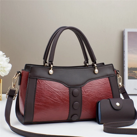 Women Handbag PU Leather Contrast Color Patchwork Top Handle Crossbody Shoulder Bag Vintage Street Style With Coin Purse