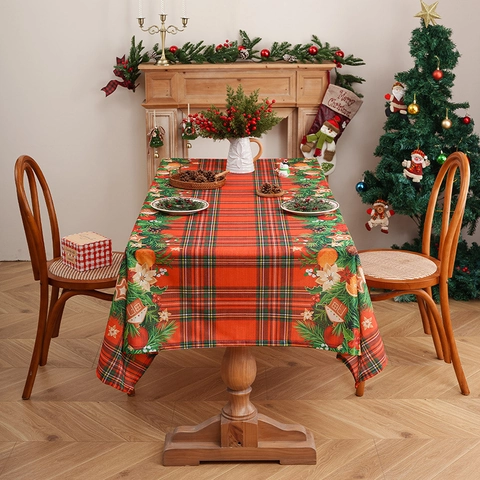 Christmas Tablecloth Rectangular Polyester Retro Plaid Festive Winter Holiday Party Decor Dustproof Washable Fabric Cover