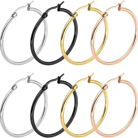 Stainless Steel Hoop Earrings Polished Minimalist High Fashion Jewelry Round Circle Latch Back For Women Men