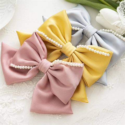 Grande Barrette À Nœud Avec Faux Künstliche Perles Élégant Tissu Satiné Style Vintage Français Pour Femmes Filles