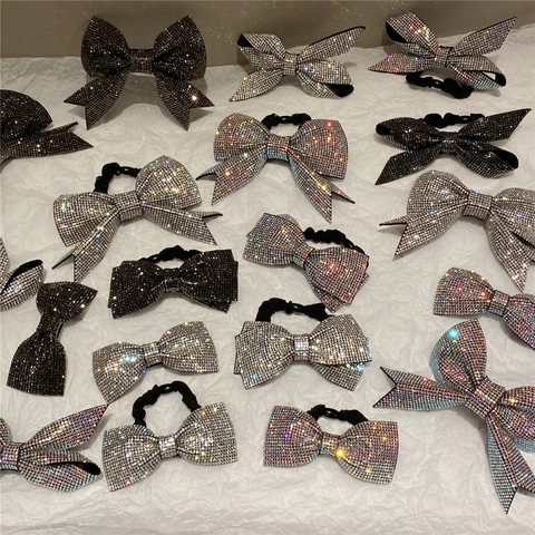 Sparkly Rhinestone Bowknot Hair Accessories Full Crystal Bow Hair Clips And Elastic Ties For Women Elegant Decoration